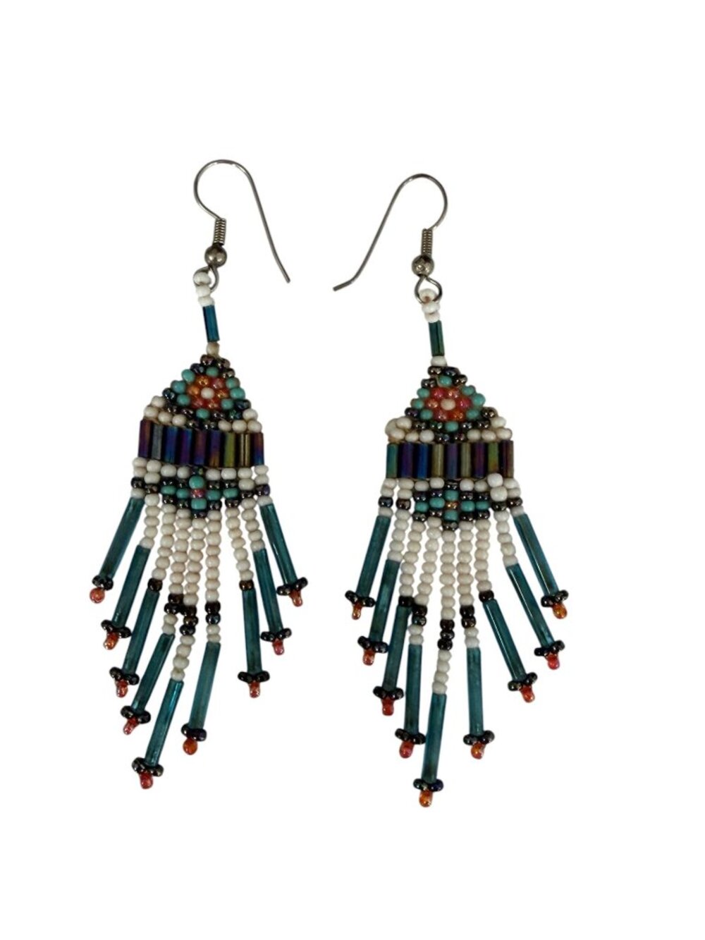 Vintage Southwestern Hand Beaded Fringe Earrings Teal Bugle Seed Beads 3"